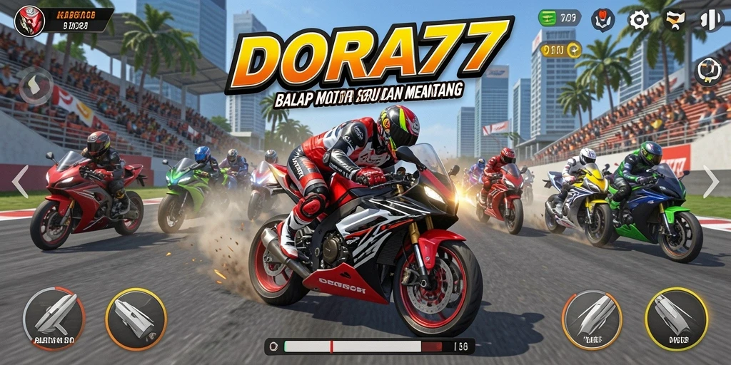 Tampilan gameplay DORA77 dengan balapan motor yang seru.