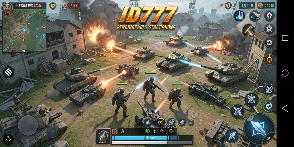 Screenshot utama gameplay ID777 menampilkan pertempuran strategis yang epik.