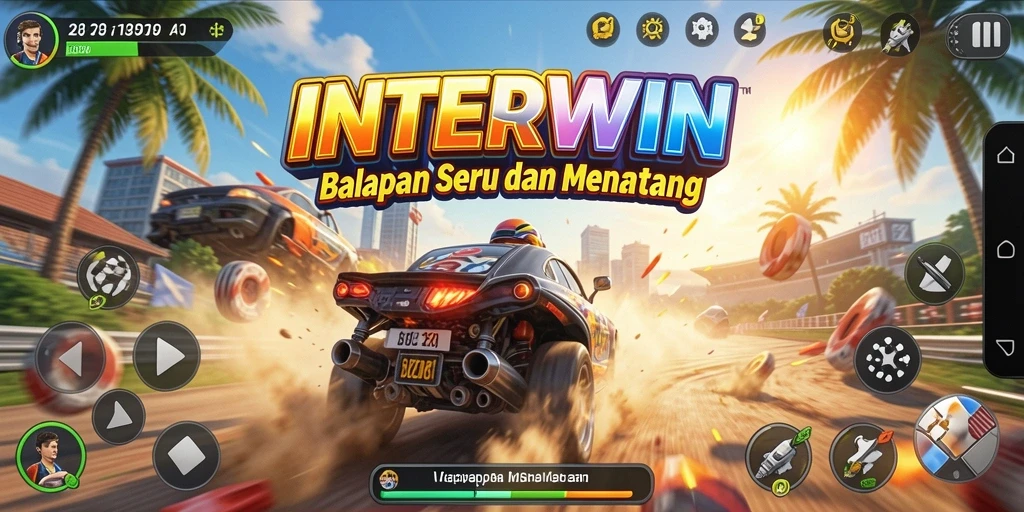 Screenshot utama INTERWIN menampilkan serunya balapan di trek penuh tantangan.