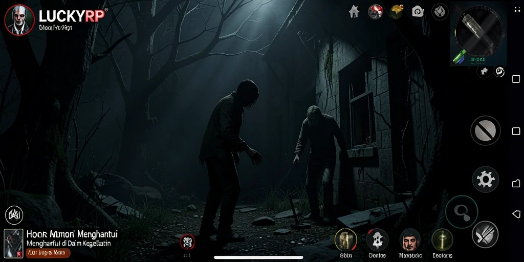 Tangkapan layar gameplay LUCKYRP menampilkan suasana horor yang intens dan mencekam.
