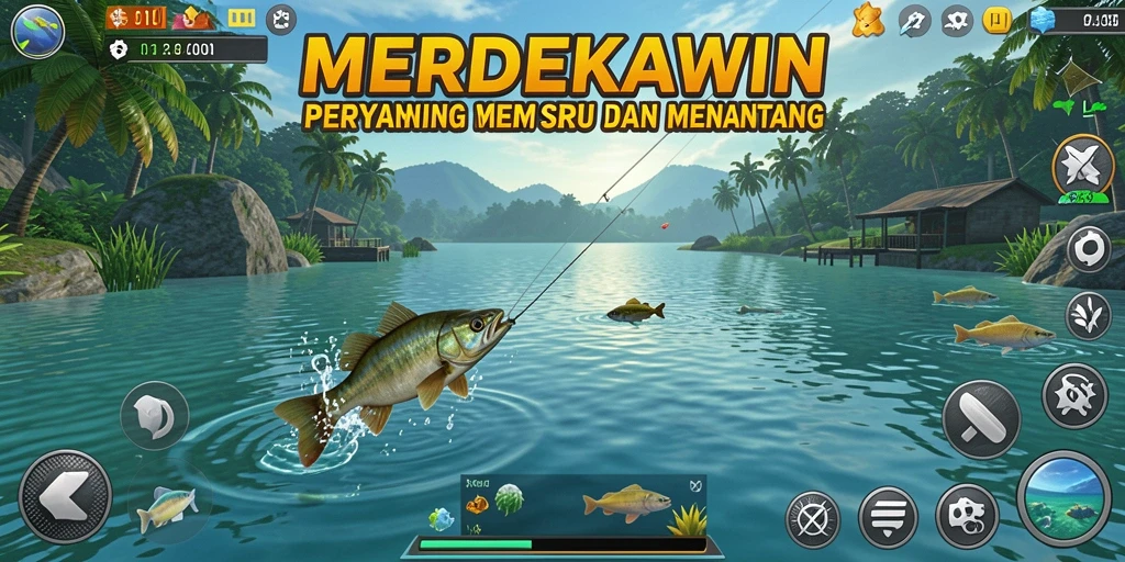 Screenshot gameplay MERDEKAWIN menampilkan momen menangkap ikan besar.