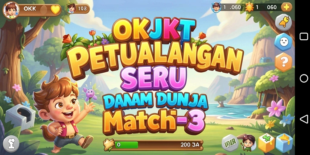 Gameplay seru OKJKT yang menampilkan kecocokan objek berwarna-warni.
