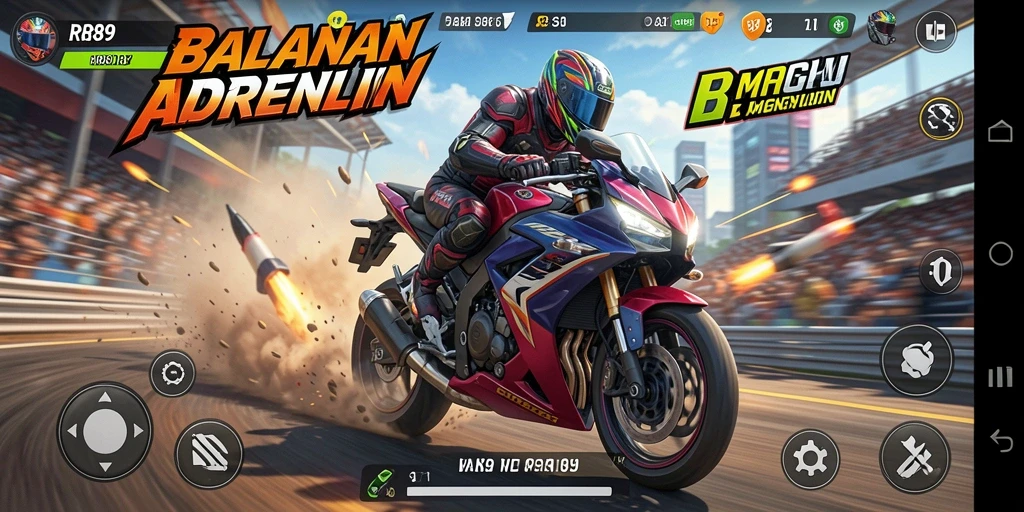 Screenshot gameplay RR89 menampilkan balapan motor yang mendebarkan dan grafis yang menawan.