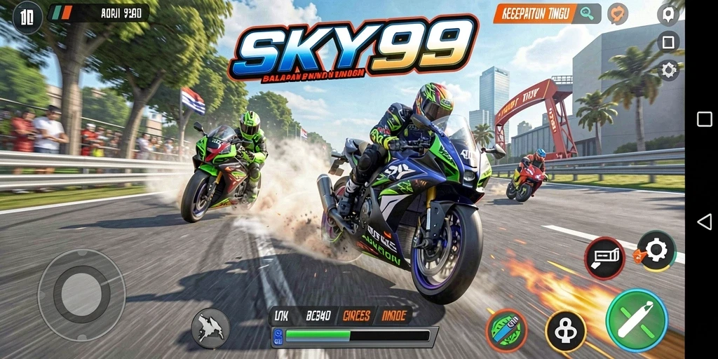 Tampilkan gameplay balapan motor yang mendebarkan dari SKY99.