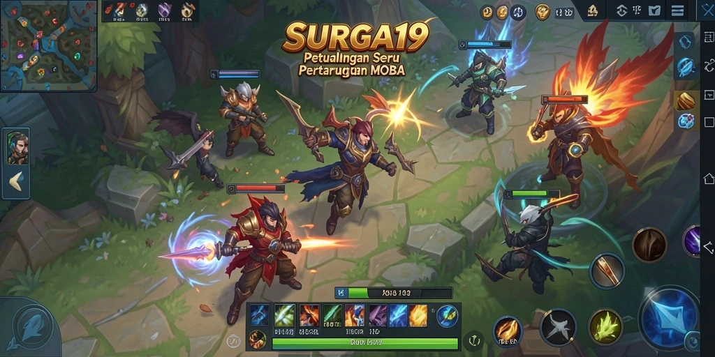 Tampilan seru gameplay SURGA19 dalam pertarungan MOBA.