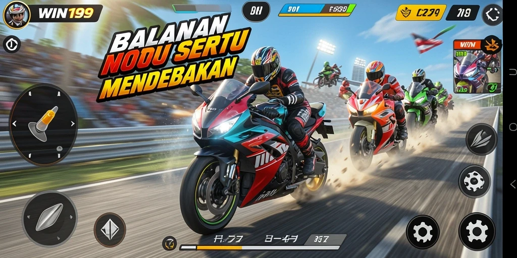 Tangkapan layar menunjukkan aksi balapan mendebarkan di WIN199.